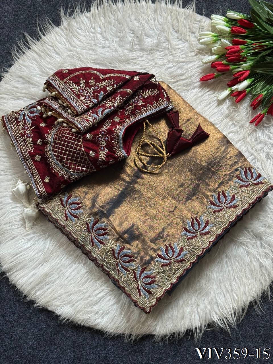 Beautiful Soft Fandy Satin With Lotus Embroidery & Rich Meena Work Saree
