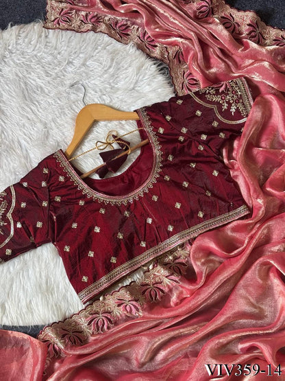 Beautiful Soft Fandy Satin With Lotus Embroidery & Rich Meena Work Saree