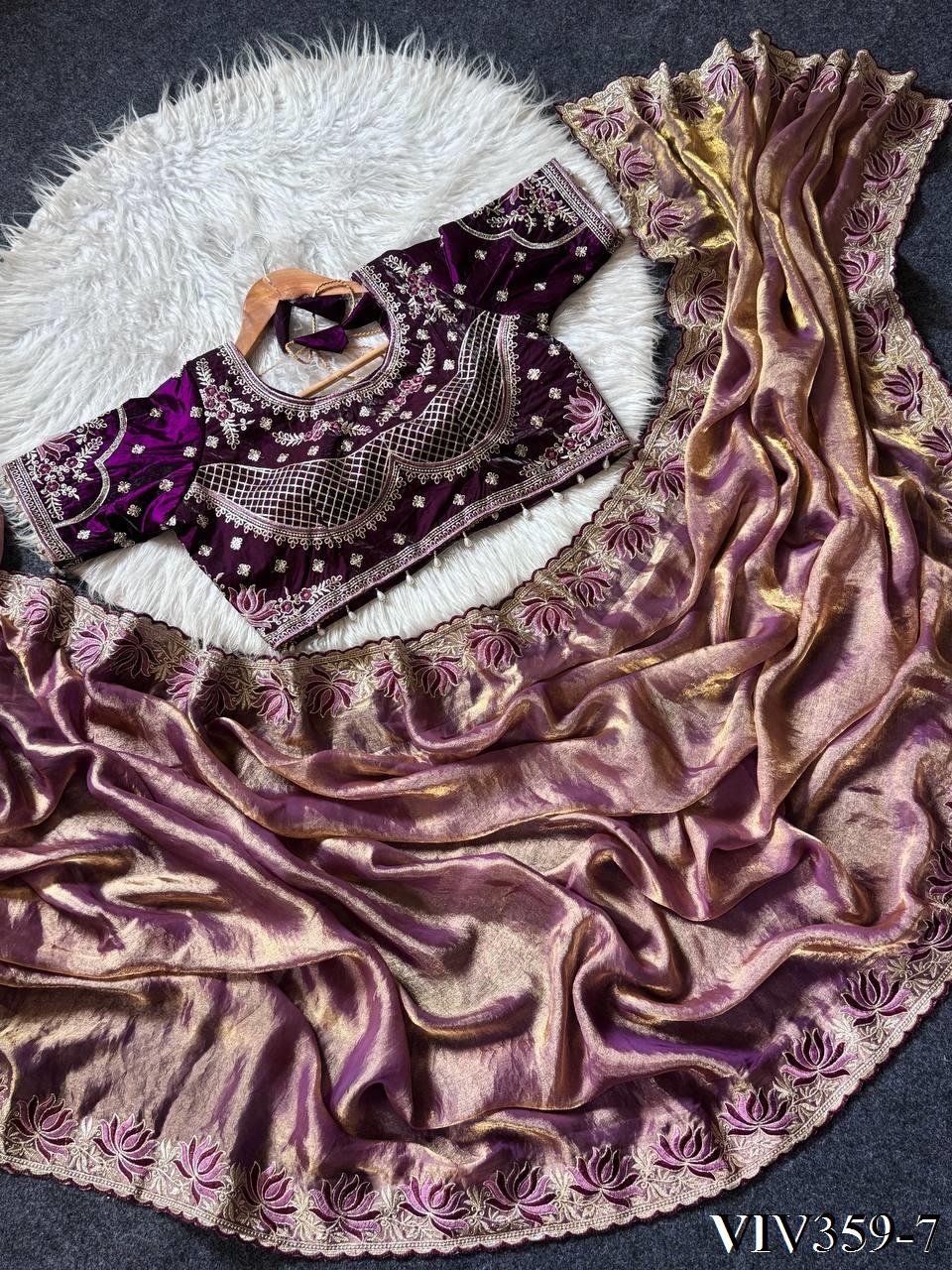 Beautiful Soft Fandy Satin With Lotus Embroidery & Rich Meena Work Saree