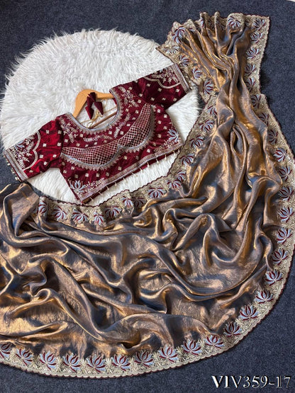 Beautiful Soft Fandy Satin With Lotus Embroidery & Rich Meena Work Saree