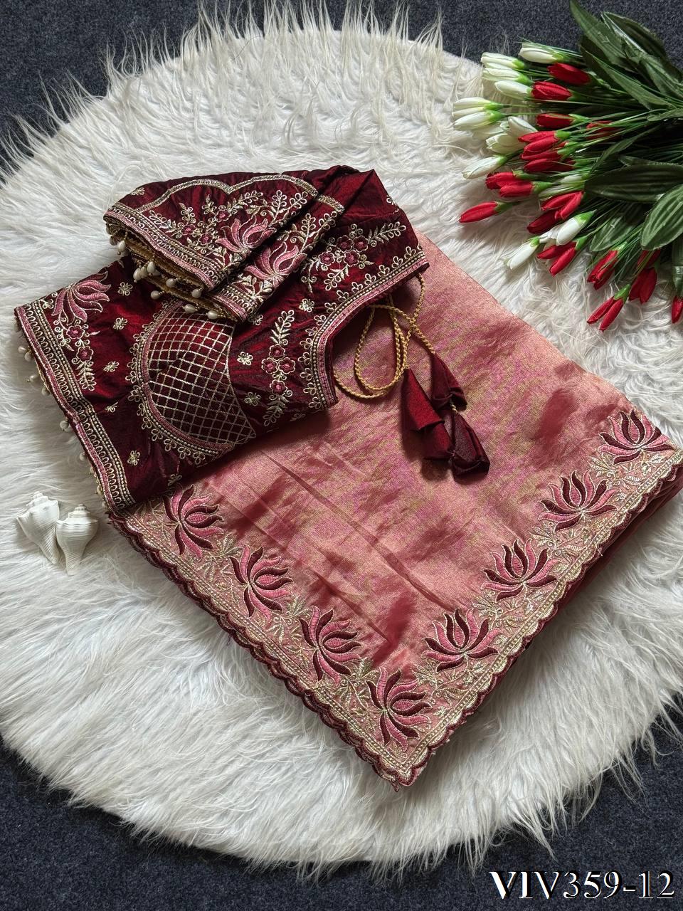 Beautiful Soft Fandy Satin With Lotus Embroidery & Rich Meena Work Saree