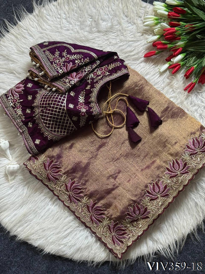 Beautiful Soft Fandy Satin With Lotus Embroidery & Rich Meena Work Saree