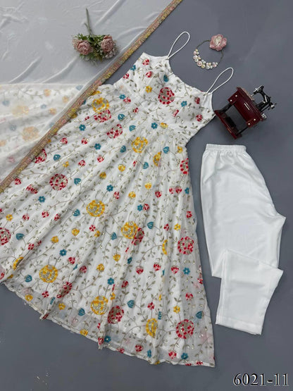 Beautifull Faux Georgette Thread With Sequience Work Anarkali Set