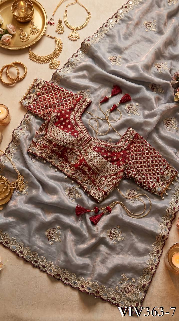 Beautiful Soft Fandy Satin Silk With Lotus Embroidery Work Saree