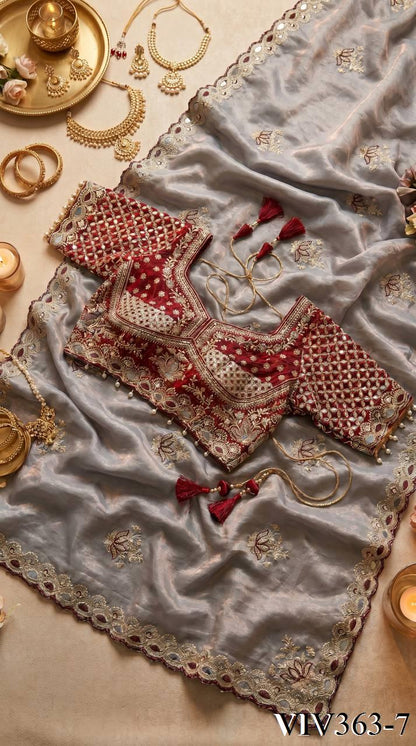 Beautiful Soft Fandy Satin Silk With Lotus Embroidery Work Saree