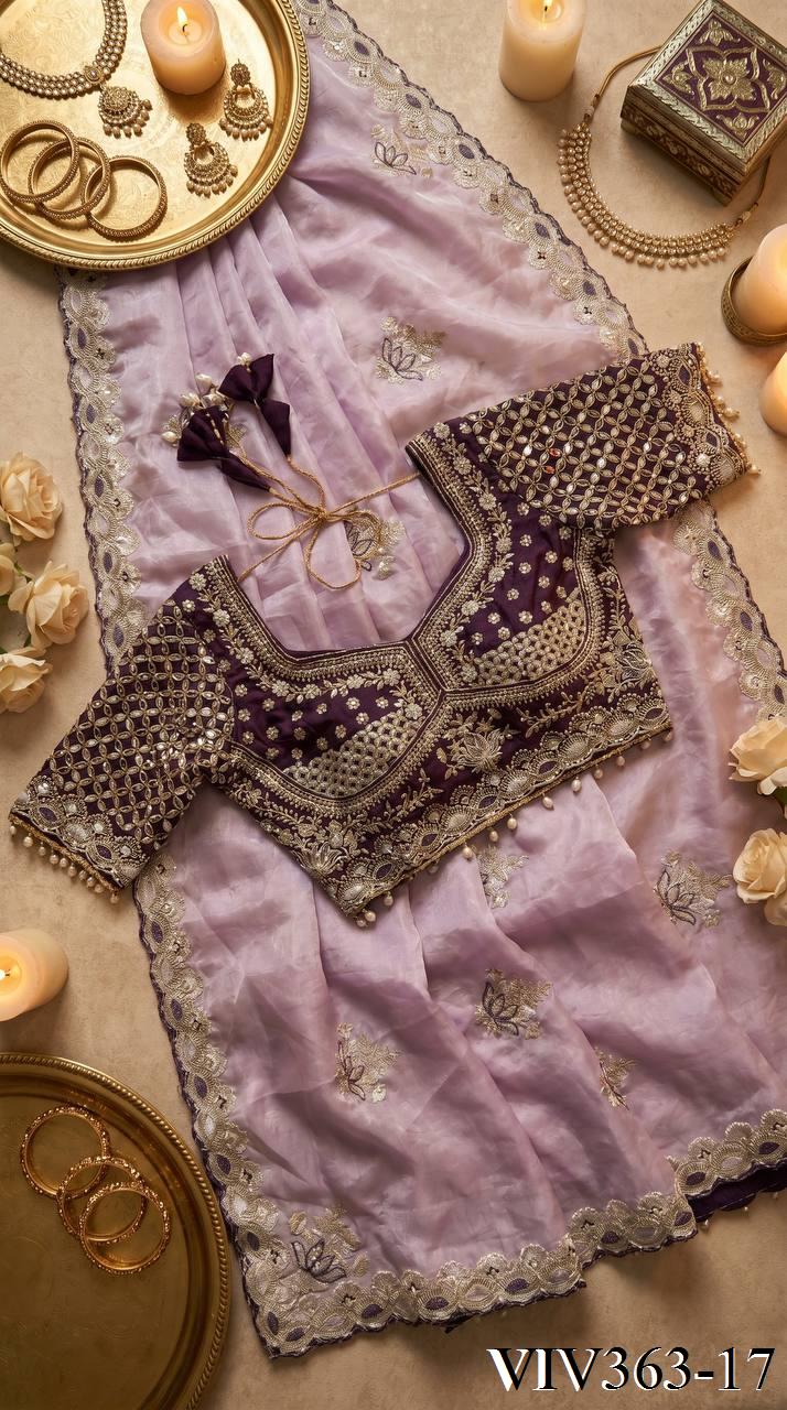 Beautiful Soft Fandy Satin Silk With Lotus Embroidery Work Saree