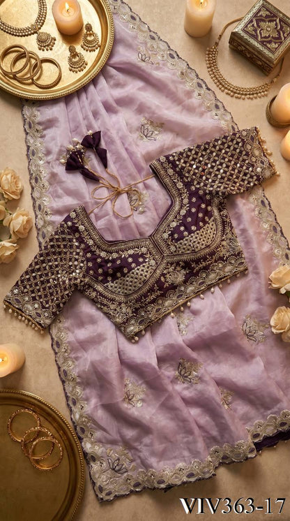 Beautiful Soft Fandy Satin Silk With Lotus Embroidery Work Saree