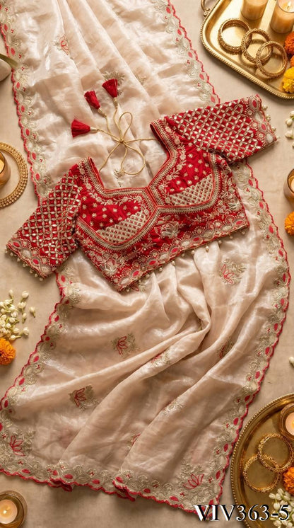 Beautiful Soft Fandy Satin Silk With Lotus Embroidery Work Saree