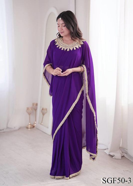Beautiful Georgette With Mirror Lace Pallu & Designer Ready Made Saree
