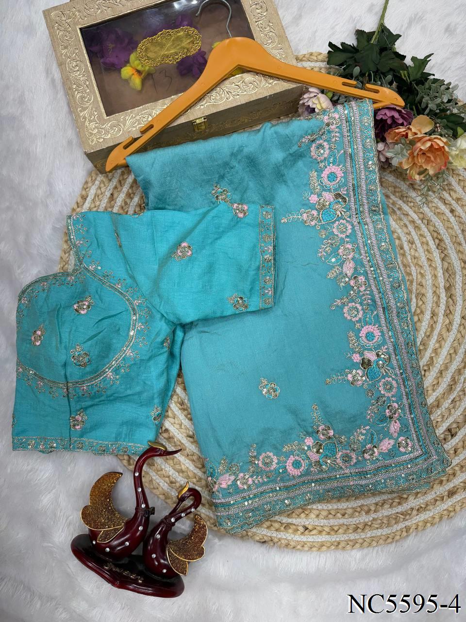 Beautiful Soft NC Vichitra Silk With Multi Color Thread Embroidery Work Saree