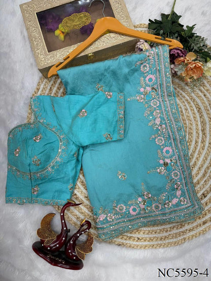 Beautiful Soft NC Vichitra Silk With Multi Color Thread Embroidery Work Saree