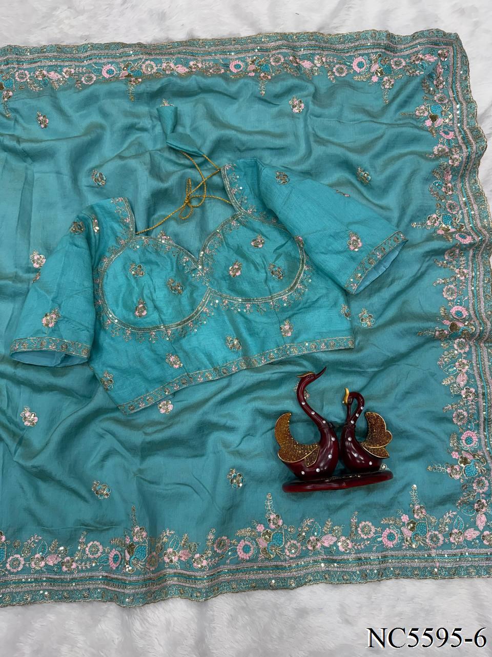 Beautiful Soft NC Vichitra Silk With Multi Color Thread Embroidery Work Saree