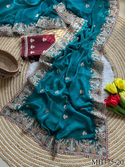 Beautiful Soft Fandy Satin Silk With Floral Embroidery Work Saree