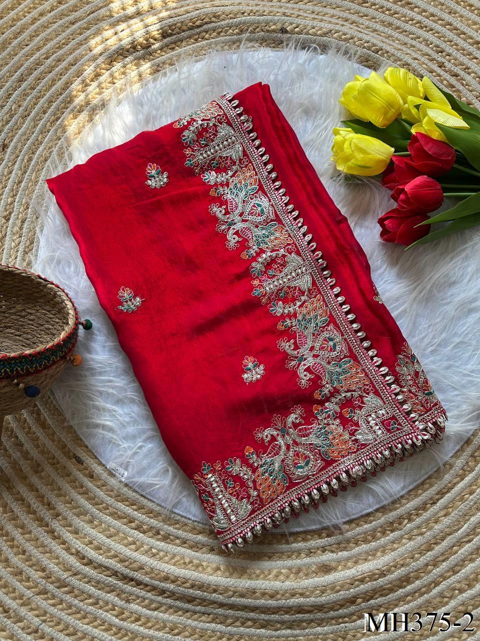 Beautiful Soft Fandy Satin Silk With Floral Embroidery Work Saree