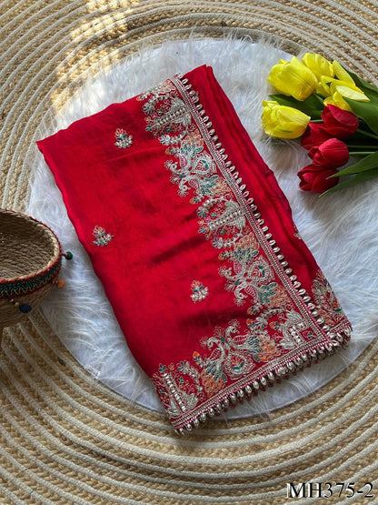 Beautiful Soft Fandy Satin Silk With Floral Embroidery Work Saree