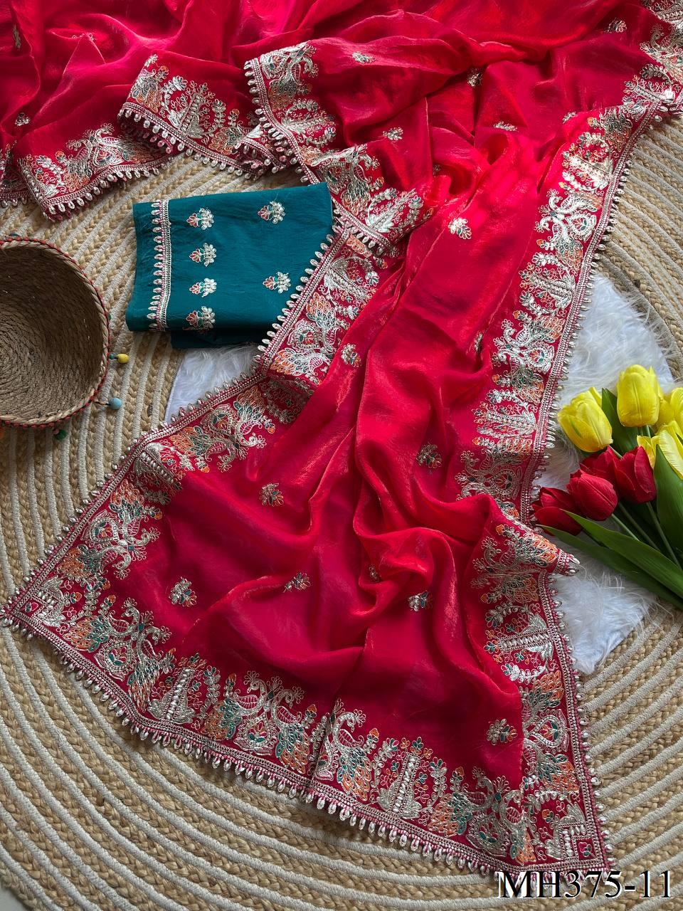 Beautiful Soft Fandy Satin Silk With Floral Embroidery Work Saree