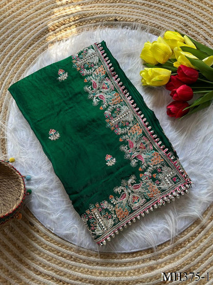 Beautiful Soft Fandy Satin Silk With Floral Embroidery Work Saree
