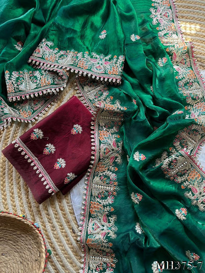 Beautiful Soft Fandy Satin Silk With Floral Embroidery Work Saree