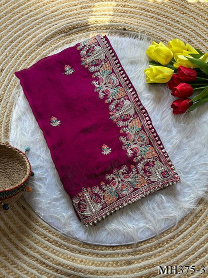 Beautiful Soft Fandy Satin Silk With Floral Embroidery Work Saree