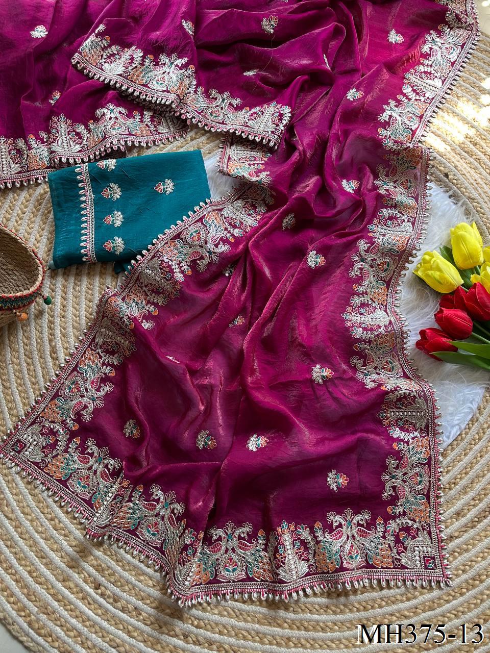 Beautiful Soft Fandy Satin Silk With Floral Embroidery Work Saree