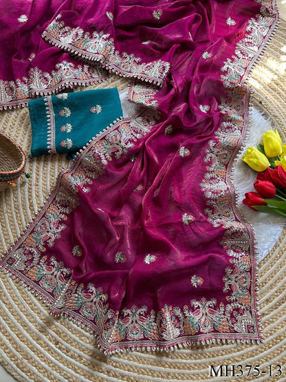 Beautiful Soft Fandy Satin Silk With Floral Embroidery Work Saree