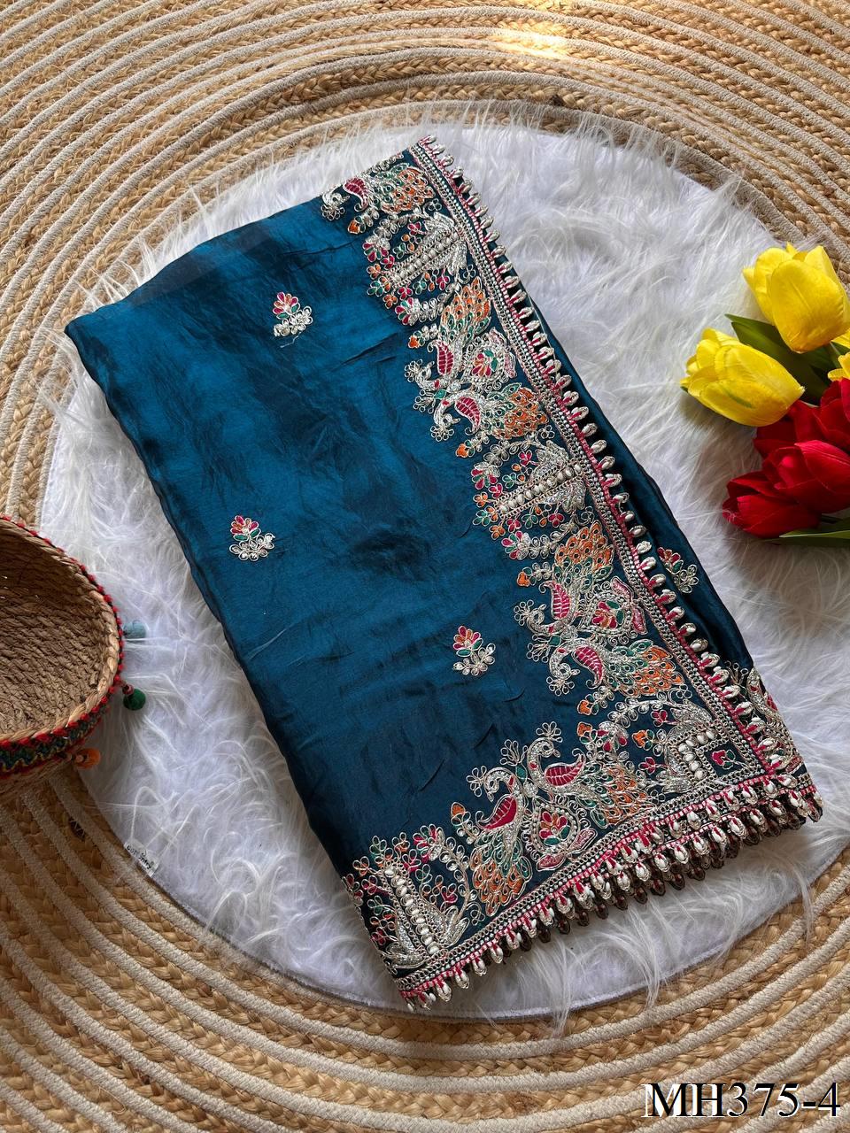 Beautiful Soft Fandy Satin Silk With Floral Embroidery Work Saree
