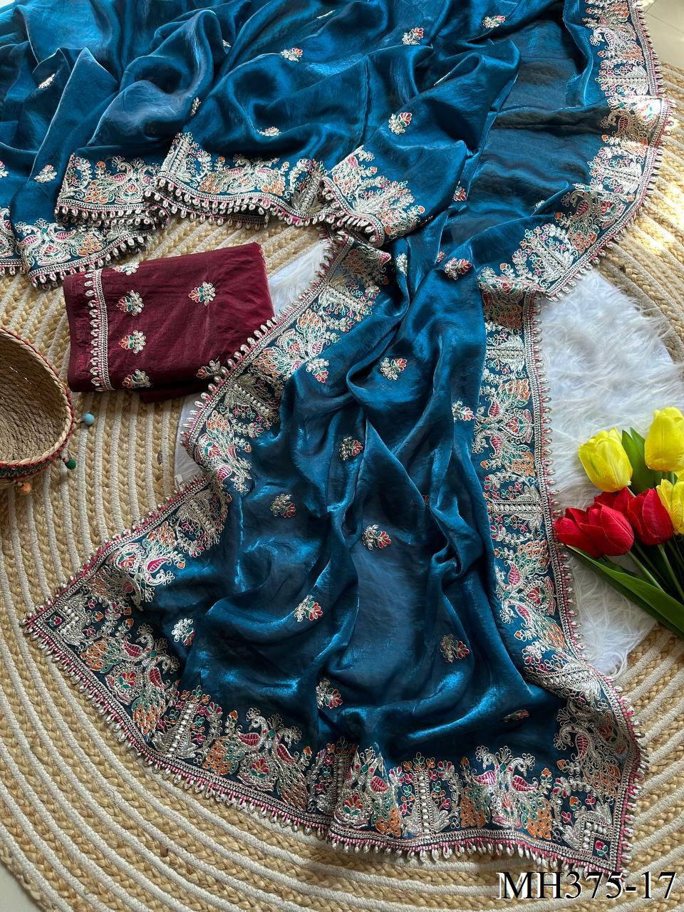 Beautiful Soft Fandy Satin Silk With Floral Embroidery Work Saree