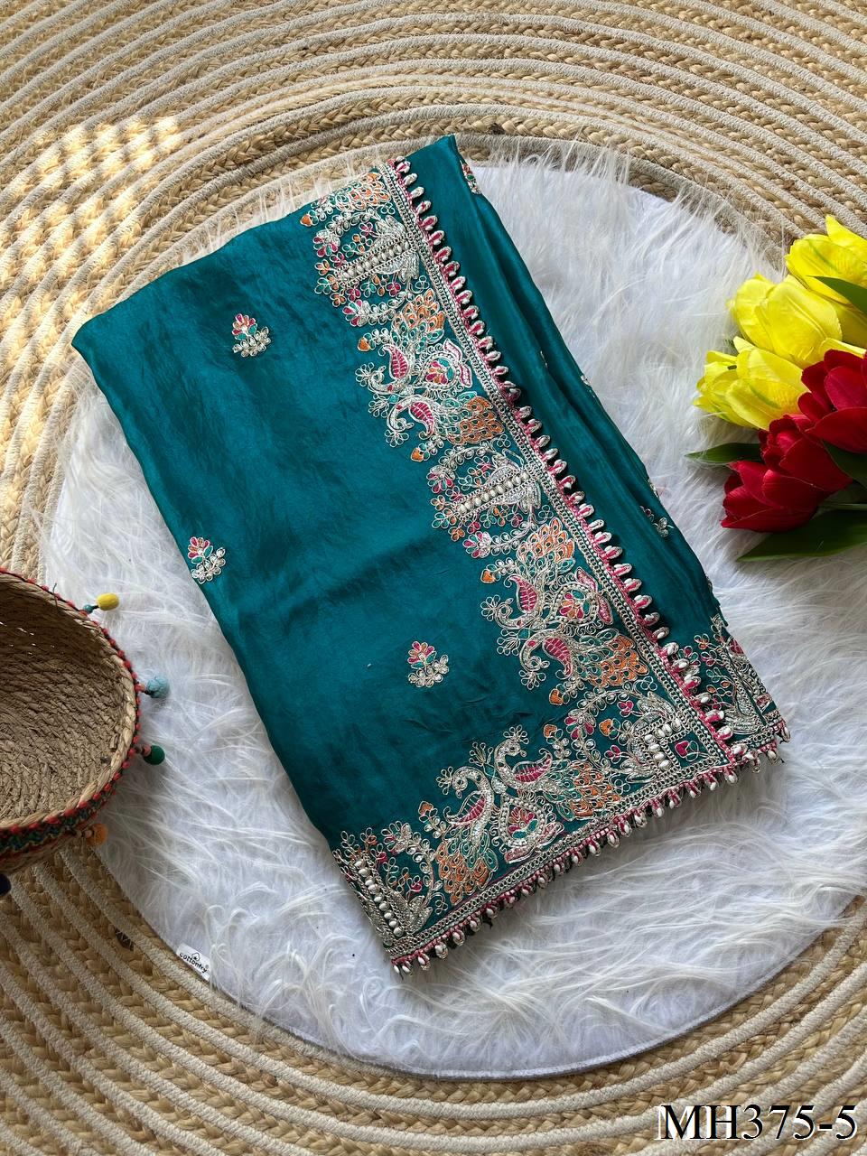 Beautiful Soft Fandy Satin Silk With Floral Embroidery Work Saree
