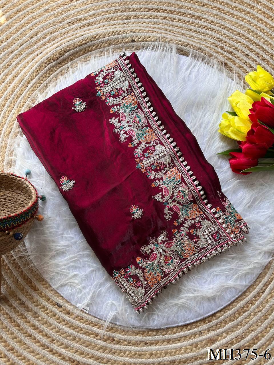 Beautiful Soft Fandy Satin Silk With Floral Embroidery Work Saree
