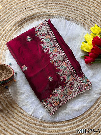 Beautiful Soft Fandy Satin Silk With Floral Embroidery Work Saree