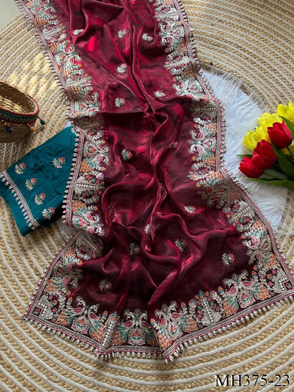 Beautiful Soft Fandy Satin Silk With Floral Embroidery Work Saree