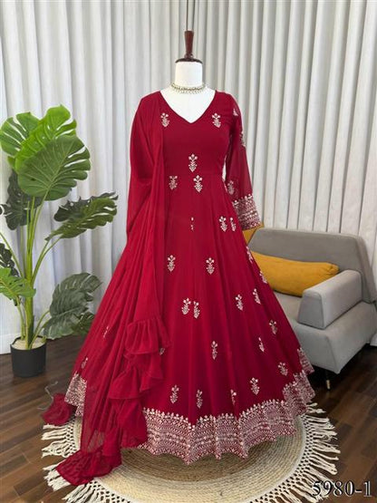 Beautiful Soft Rich Faux Georgette With Thread & Sequence Embroidery Work Anarkali Suit Set