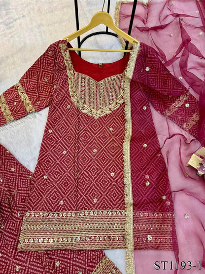 Beautiful Soft Rich Printed French Crepe Kurti Plazzo Set With Embroidery Work