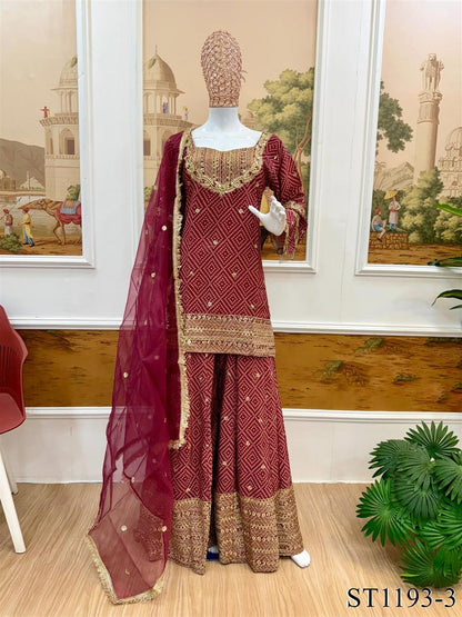 Beautiful Soft Rich Printed French Crepe Kurti Plazzo Set With Embroidery Work