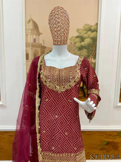 Beautiful Soft Rich Printed French Crepe Kurti Plazzo Set With Embroidery Work