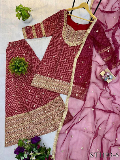 Beautiful Soft Rich Printed French Crepe Kurti Plazzo Set With Embroidery Work