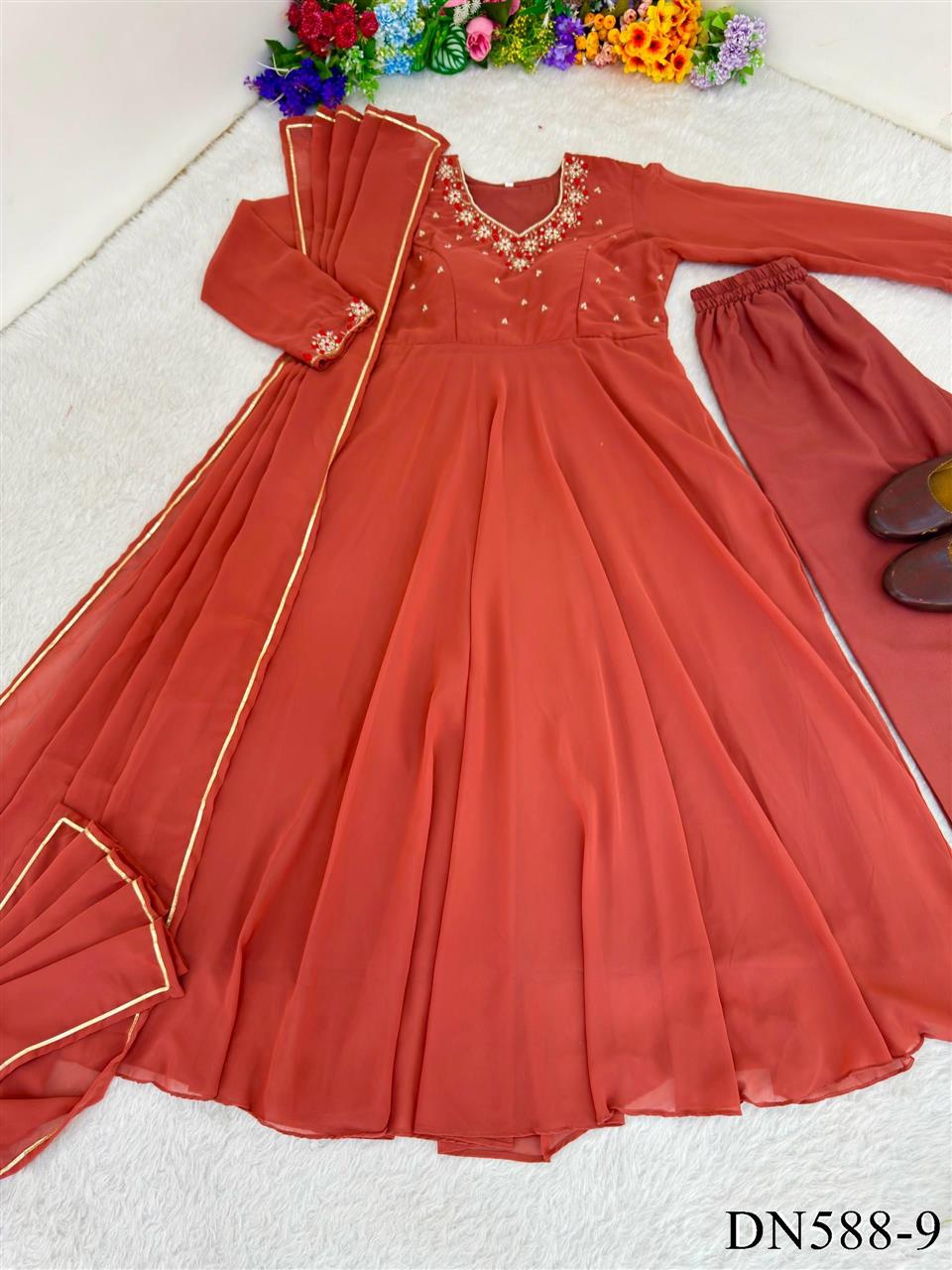 Beautiful Soft Rich Heavy Fox Georgette With Hand Work Gown Set