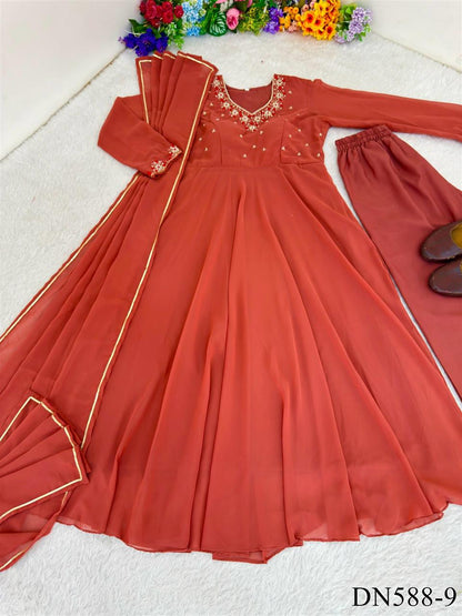 Beautiful Soft Rich Heavy Fox Georgette With Hand Work Gown Set