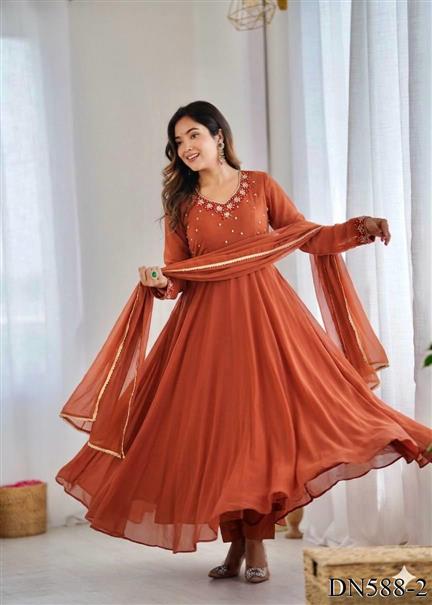 Beautiful Soft Rich Heavy Fox Georgette With Hand Work Gown Set