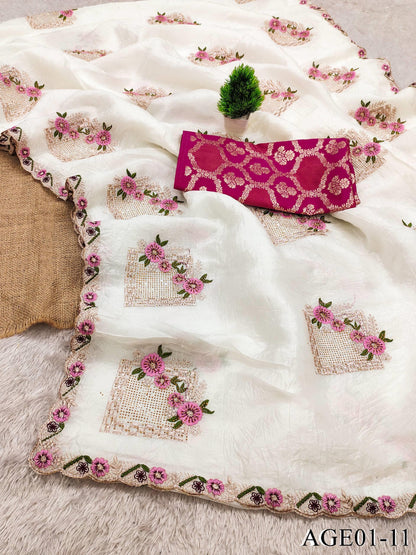 Beautifull Paper Silk With Floral Embroidery Work Saree