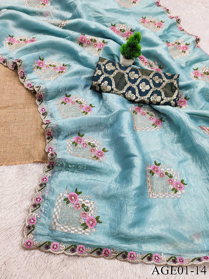 Beautifull Paper Silk With Floral Embroidery Work Saree