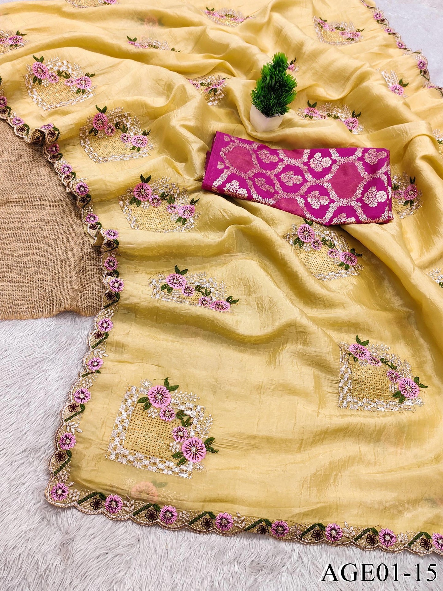Beautifull Paper Silk With Floral Embroidery Work Saree