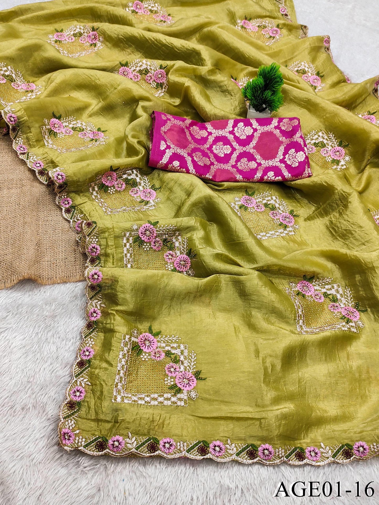 Beautifull Paper Silk With Floral Embroidery Work Saree