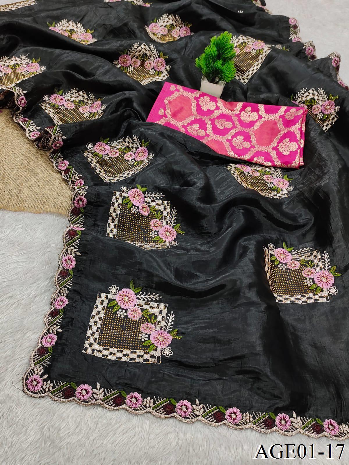 Beautifull Paper Silk With Floral Embroidery Work Saree