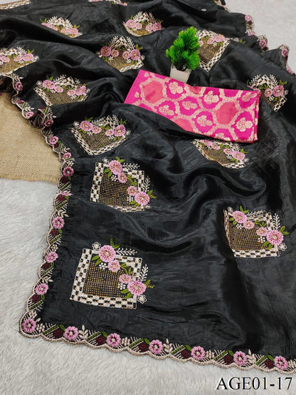 Beautifull Paper Silk With Floral Embroidery Work Saree