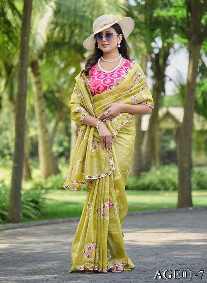 Beautifull Paper Silk With Floral Embroidery Work Saree