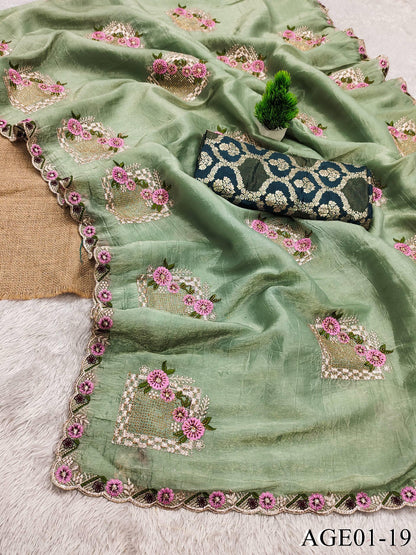 Beautifull Paper Silk With Floral Embroidery Work Saree