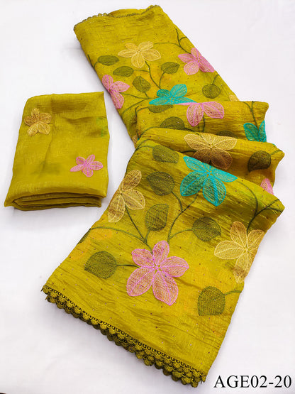 Beautifull Viscos Crunchy Silk With Embroidery Work Saree