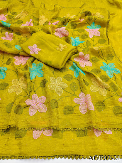 Beautifull Viscos Crunchy Silk With Embroidery Work Saree