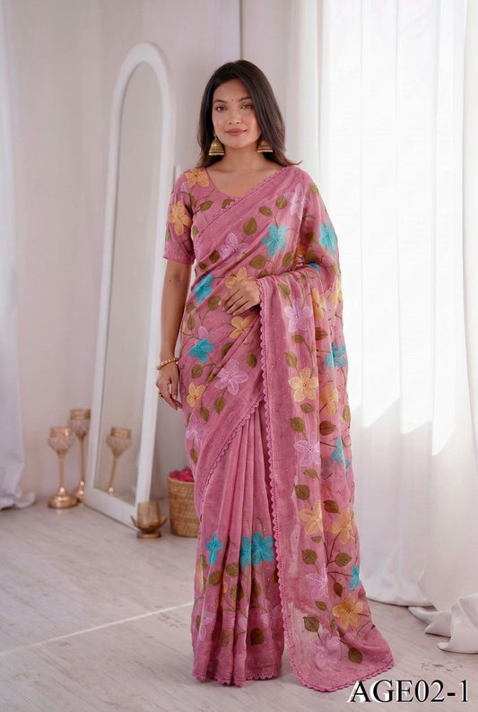 Beautifull Viscos Crunchy Silk With Embroidery Work Saree